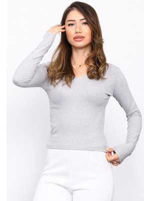 İmaj Butik Gri V Yaka Modal Bluz