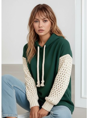 Mamayaga Kadın Kolları Örgü Triko Şık Tasarım Oversize Tunik Boy Zümrüt Yeşili Sweatshirt Kazak