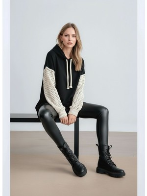 Mamayaga Kadın Kolları Örgü Triko Şık Tasarım Oversize Tunik Boy Zümrüt Yeşili Sweatshirt Kazak