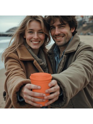 2’li To Go Eco Cup 300 ml Reusalbe|turuncu Yeniden Kullanılabilir Kapaklı Kahve Çevreci Bardağı|