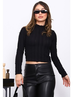 İmaj Butik Siyah Fırfır Detaylı Dik Yaka Bluz