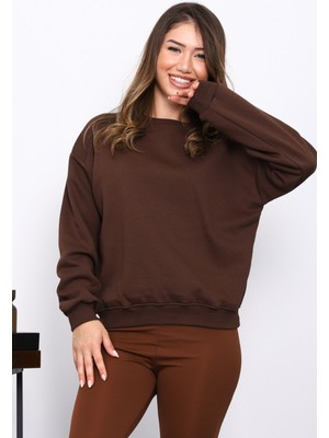 İmaj Butik Kahverengi Omuz Parçalı Basic Üç İplik Sweat