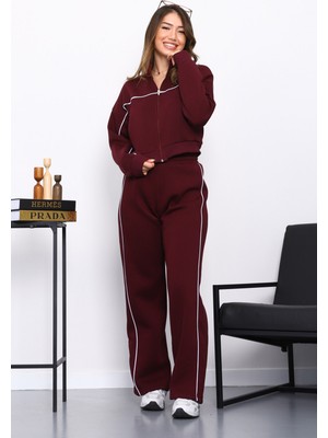 İmaj Butik Mürdüm Üç İplik Sweat Hırka Pantolonlu Takım