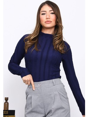 İmaj Butik Lacivert Fırfır Detaylı Dik Yaka Bluz