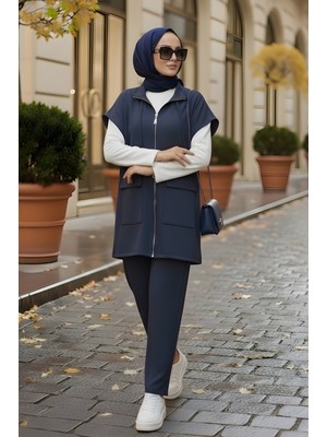 İmaj Butik Lacivert Scuba Yelek Pantolonlu Üçlü Takım