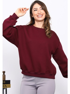 İmaj Butik Mürdüm Omuz Parçalı Basic Üç İplik Sweat