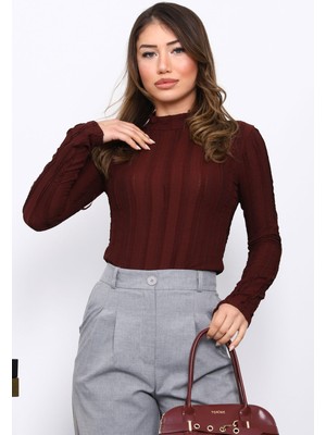 İmaj Butik Mürdüm Fırfır Detaylı Dik Yaka Bluz