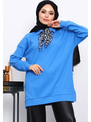 İmaj Butik Saks Mavi Fular Detaylı Yakalı Tunik