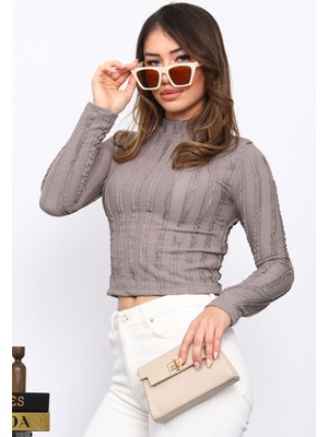 İmaj Butik Vizon Fırfır Detaylı Dik Yaka Bluz