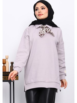 İmaj Butik Gri Fular Detaylı Yakalı Tunik