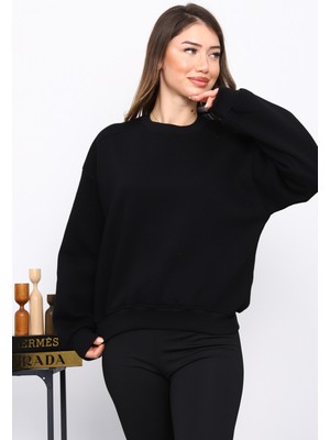 İmaj Butik Siyah Omuz Parçalı Basic Üç İplik Sweat