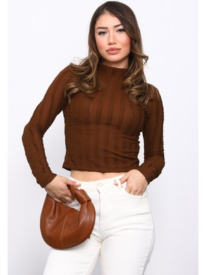 İmaj Butik Kahverengi Fırfır Detaylı Dik Yaka Bluz