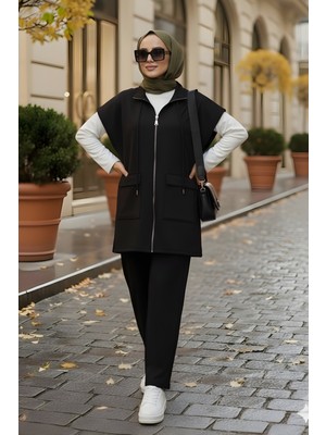 İmaj Butik Siyah Scuba Yelek Pantolonlu Üçlü Takım