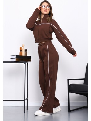 İmaj Butik Kahverengi Üç İplik Sweat Hırka Pantolonlu Takım