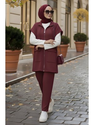 İmaj Butik Bordo Scuba Yelek Pantolonlu Üçlü Takım