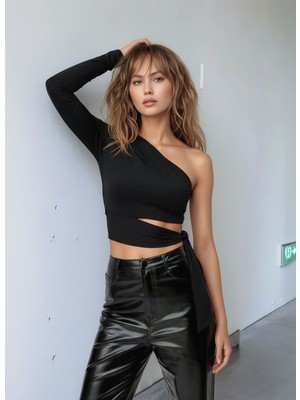 Mamayaga Kadın Belden Bağlama Detay Tek Kol Uzun Açık Spor Şık Rahat Kalıp Crop Top Bluz