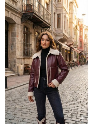 Bordo Deri Içi Kürklü Mont