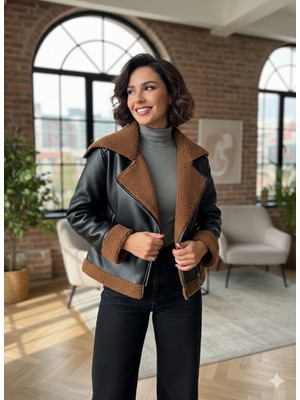 Cepli Kürklü Çapraz Fermuarlı Deri Mont