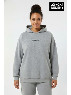 Superlife Kadın Büyük Beden Kapüşonlu Brooklyn Baskılı Sweatshirt SPR26BSWK961