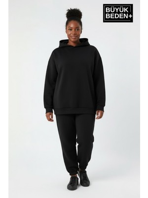 Superlife Kadın Büyük Beden Ince Kapşonlu Kollar ve Etek Ribanalı Swatshırt SPR26BSWK957