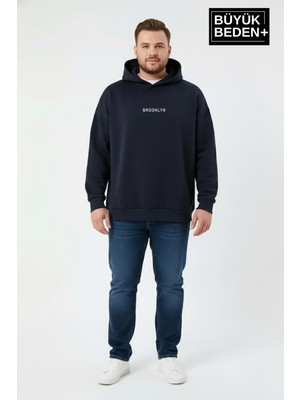 Superlife Erkek Büyük Beden Kapüşonlu Orta Brooklyn Baskılı Sweatshirt SPR26BSW961