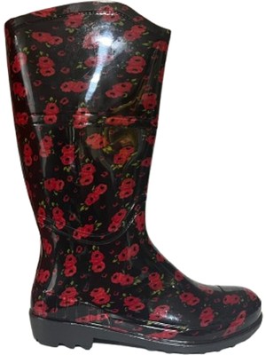 Emek Kadın Kırmızı Siyah Çiçekli  35 cm Uzun Bahçe Yağmur Çizmesi EMKK309-210