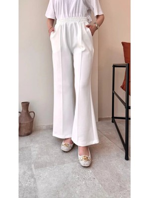 Miraydin Butik Kadın Bol Paça Çımalı Scuba Pantolon M7071 - Beyaz