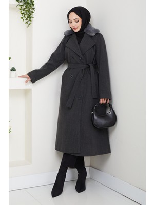 Pamuk Butik Kadın Kürk Detaylı Kruvaze Yaka Kuşaklı Kaşe Kaban -PMK492