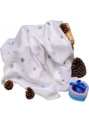 Sema Baby Çok Amaçlı Müslin Örtü 100X80 cm - Mavi Yıldız 8682476853131