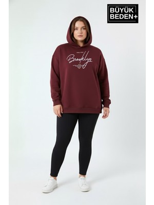 Superlife Kadın Büyük Beden Kapüşonlu El Yazılı Brooklyn Baskılı Rahat Kalıp Sweatshirt SPR26BSWK958