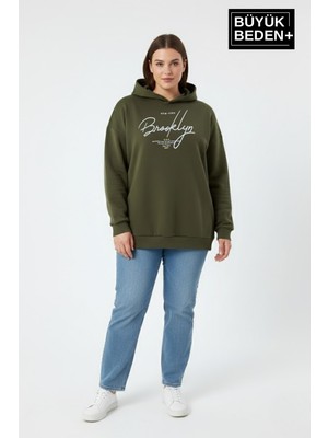 Superlife Kadın Büyük Beden Kapüşonlu El Yazılı Brooklyn Baskılı Rahat Kalıp Sweatshirt SPR26BSWK958
