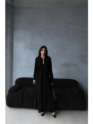 Femina Trendy Pantolon Yırtmaçlı Elbise Ikili Triko Takım Siyah Elf