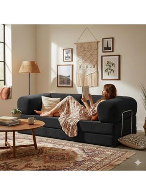 Dechome Meganest 200x100 Modern Fitilli Kadife Kanepe| Yatak Olabilen, Dayanıklı Orta Sert Sünger, Yıkanabilir Kılıf