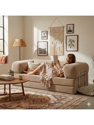 Dechome Meganest 200x100 Modern Fitilli Kadife Kanepe| Yatak Olabilen, Dayanıklı Orta Sert Sünger, Yıkanabilir Kılıf