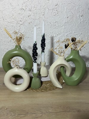 Zigzag Home Dekoratif 6 Parça Vazo ve Şamdan Mumluk Takımı Sevgili Sarmaşık Vazo Halka Vazo ve Şamdan Mumluk Seti El Yapımı Vazo Takımı Biblo Hediyelik Eşya Bohem Tarz