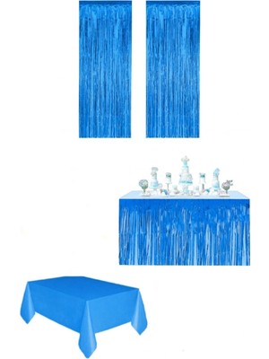 Mavi Renk Metalize Perde Metalize Masa Eteği Plastik Masa Örtüsü