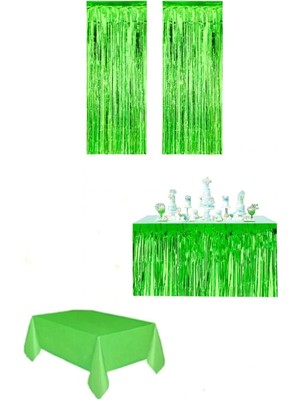 Yeşil Renk Metalize Perde Metalize Masa Eteği Plastik Masa Örtüsü