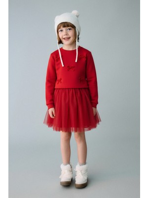 Magu Kız Çocuk Pamuklu Kırmızı Fiyonklu Sweatshirt Tül Etek Takım – Yılbaşı ve Özel Gün Kombini
