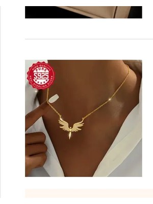 Es Dekor Altın Tek Parça, S925 Gümüş Melek Kanadı Kolye, Sentetik Zirkon Taş Işlemeli, Zarif ve Parlak