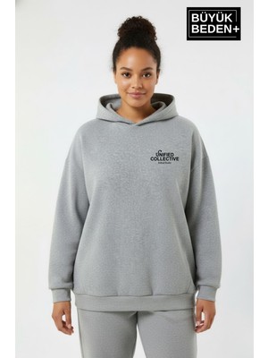 Superlife Kadın Büyük Beden Rahat Kalıp Hoodie -Unified Baskılı Kapüşonlu Sweatshirt SPR26BSWK968