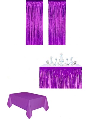Mor Renk Metalize Perde Metalize Masa Eteği Plastik Masa Örtüsü