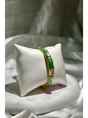 Kalın Koyu Yeşil Çelik Mineli Çiçekli Bileklik Kelepçe