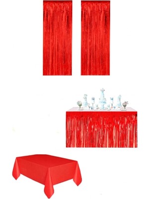 Kırmızı Renk Metalize Masa Eteği ve Plastik Masa Örtüsü 3 Parça Modern Parti Malzemeleri