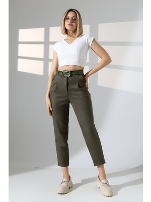 Lubiti Kadın Süet Kumaş Kemerli Pensli Pantolon – Yüksek Bel Bilek Boy