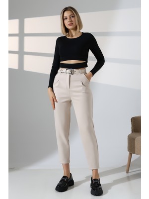 Lubiti Kadın Süet Kumaş Kemerli Pensli Pantolon – Yüksek Bel Bilek Boy