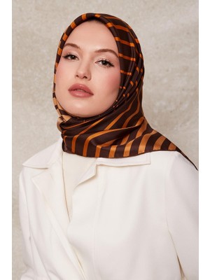 Levidor Kahve Şerit Desen Twill Ipek EŞARP-0909