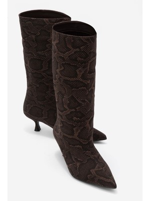 Luvi Crow Kahverengi Desenli Sivri Burunlu Kadın Topuklu Kısa Çizme
