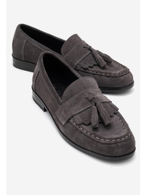 Luvi Lupen Gri Süet Püsküllü Hakiki Deri Kadın Loafer Ayakkabı