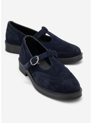 Luvi Janney Lacivert Süet Hakiki Deri Bantlı Kadın Loafer Ayakkabı