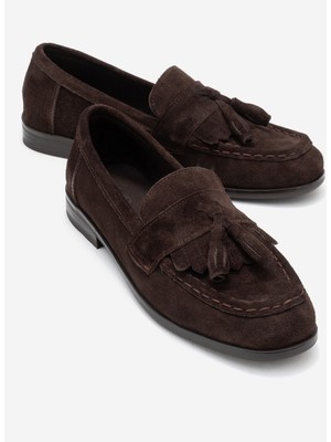 Luvi Lupen Kahverengi Süet Püsküllü Hakiki Deri Kadın Loafer Ayakkabı
